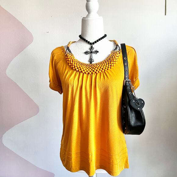 Yellow Beaded Neckline Top, Y2K, Boho, Cottagecore, Festival, Hippie, Large - Picture 1 of 5